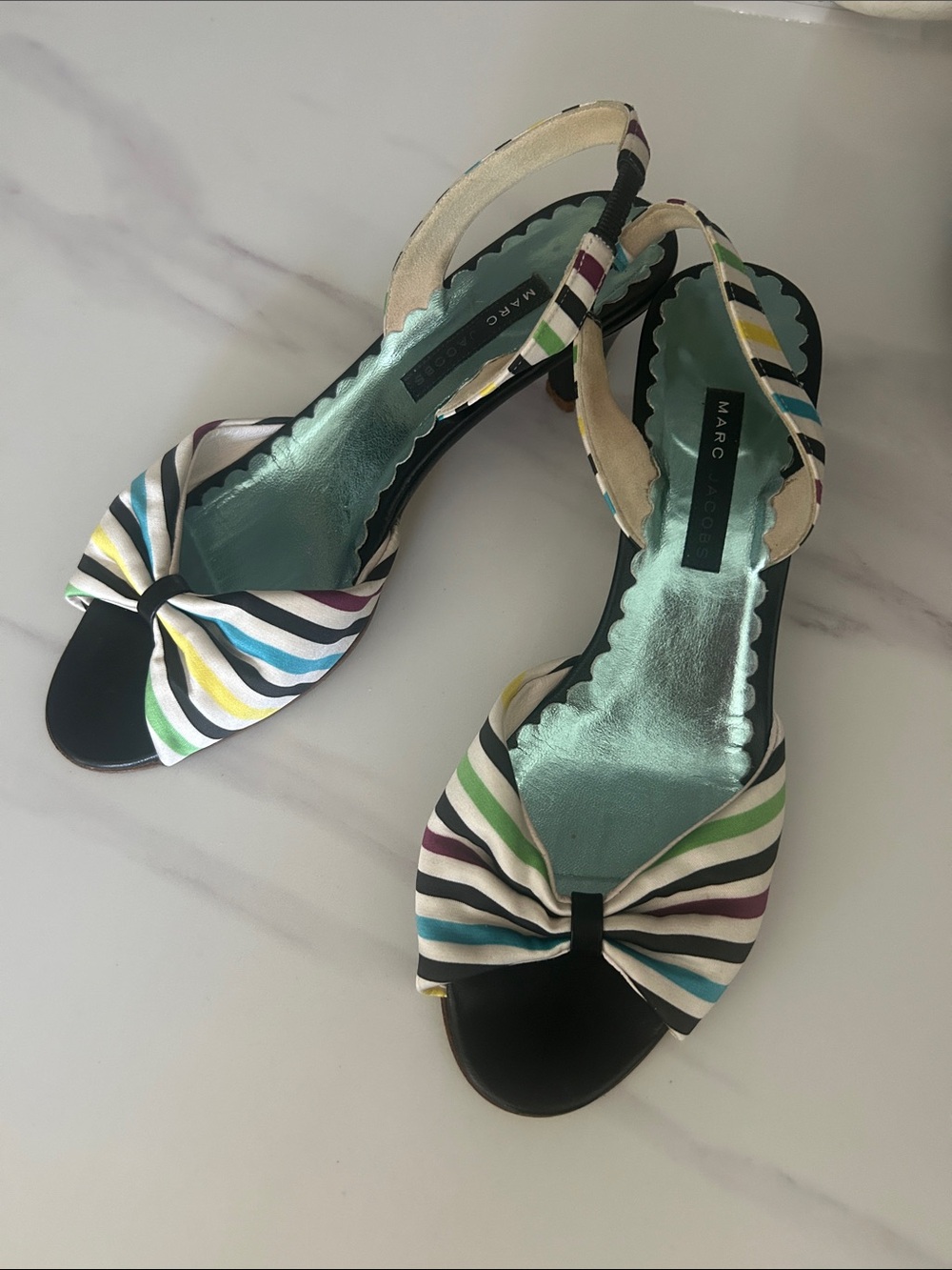 Marc Jacobs Striped Knot Slingback Sandals in Teal, Black and Multicolor
